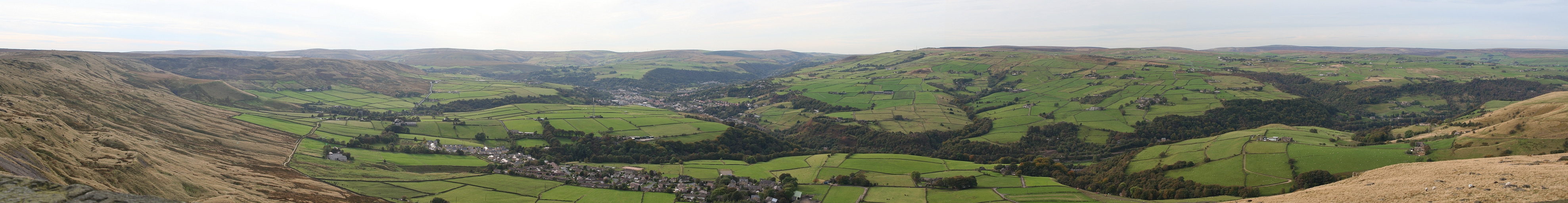 Panorama of the Calder Valley with the town of Todmorden, West Yorkshire from a balcony of Stoodley Pike